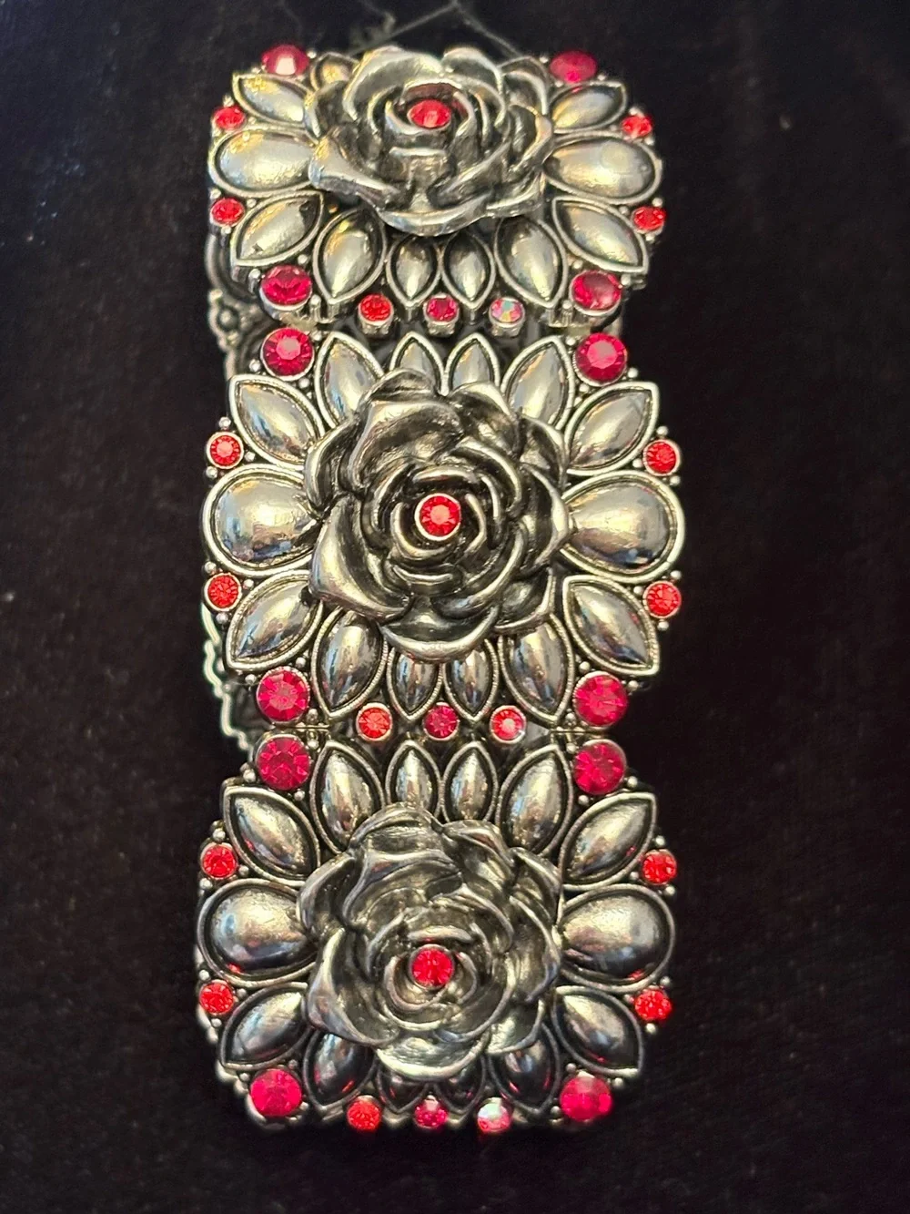 Antique Silver-Tone Floral Statement Bracelet with Red Crystals